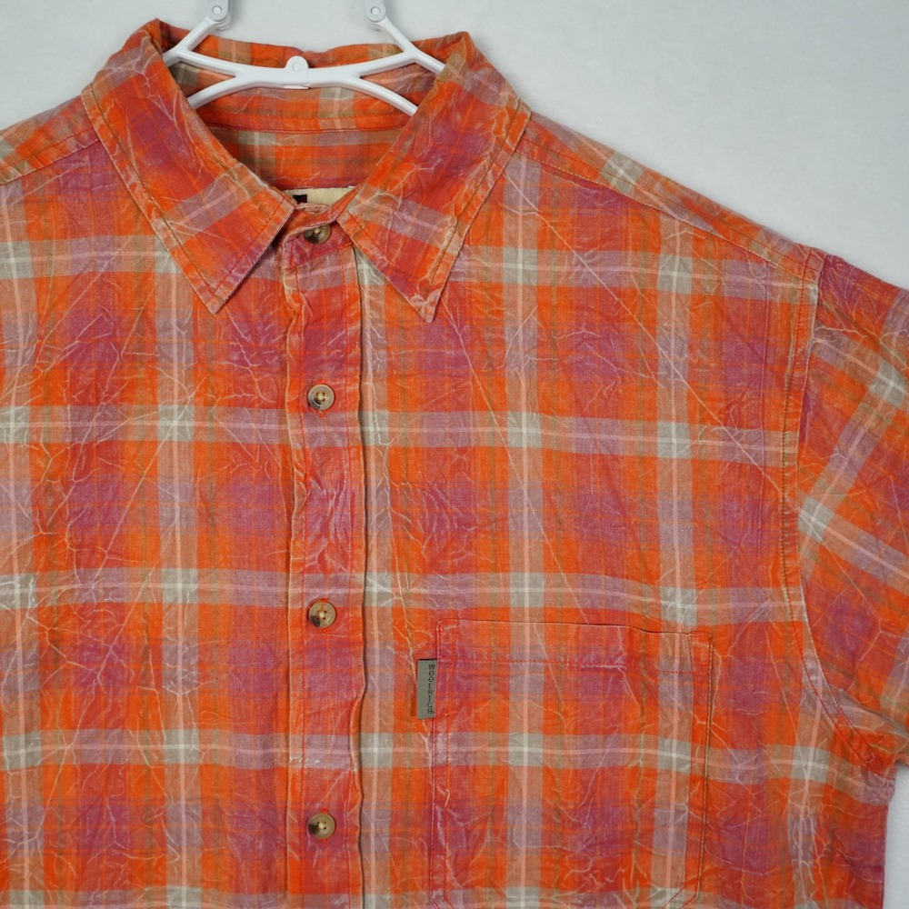 Woolrich Mens Medium Orange Purple Plaid Crinkle Cotton Short Sleeve Shirt M
